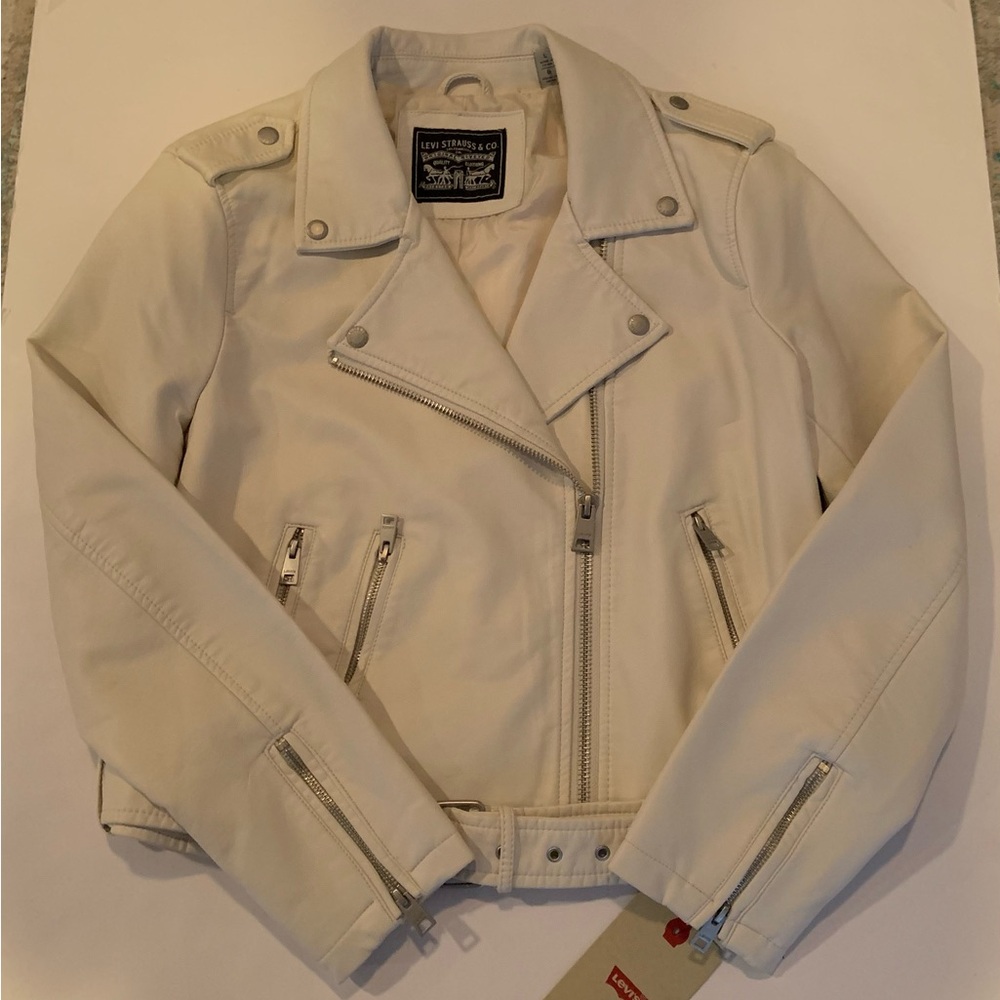 Levi's Women's Off White Faux Leather Biker Moto Crop Jacket Size Large NWT - Picture 7 of 16